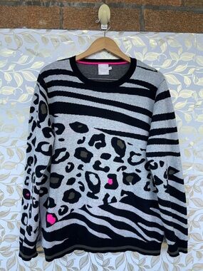 Brodie WISPR Silk Cotton Cashmere Zebra Leopard Animal Print Sweater L Grey Neon
